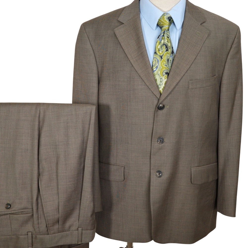 Stafford Men Suit 42S 32W 27L Brown Pleat Cuff Retro Career Formal Wool